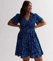 New Look Curves Blue Zebra Print Shirred Puff Sleeve Mini Dress
